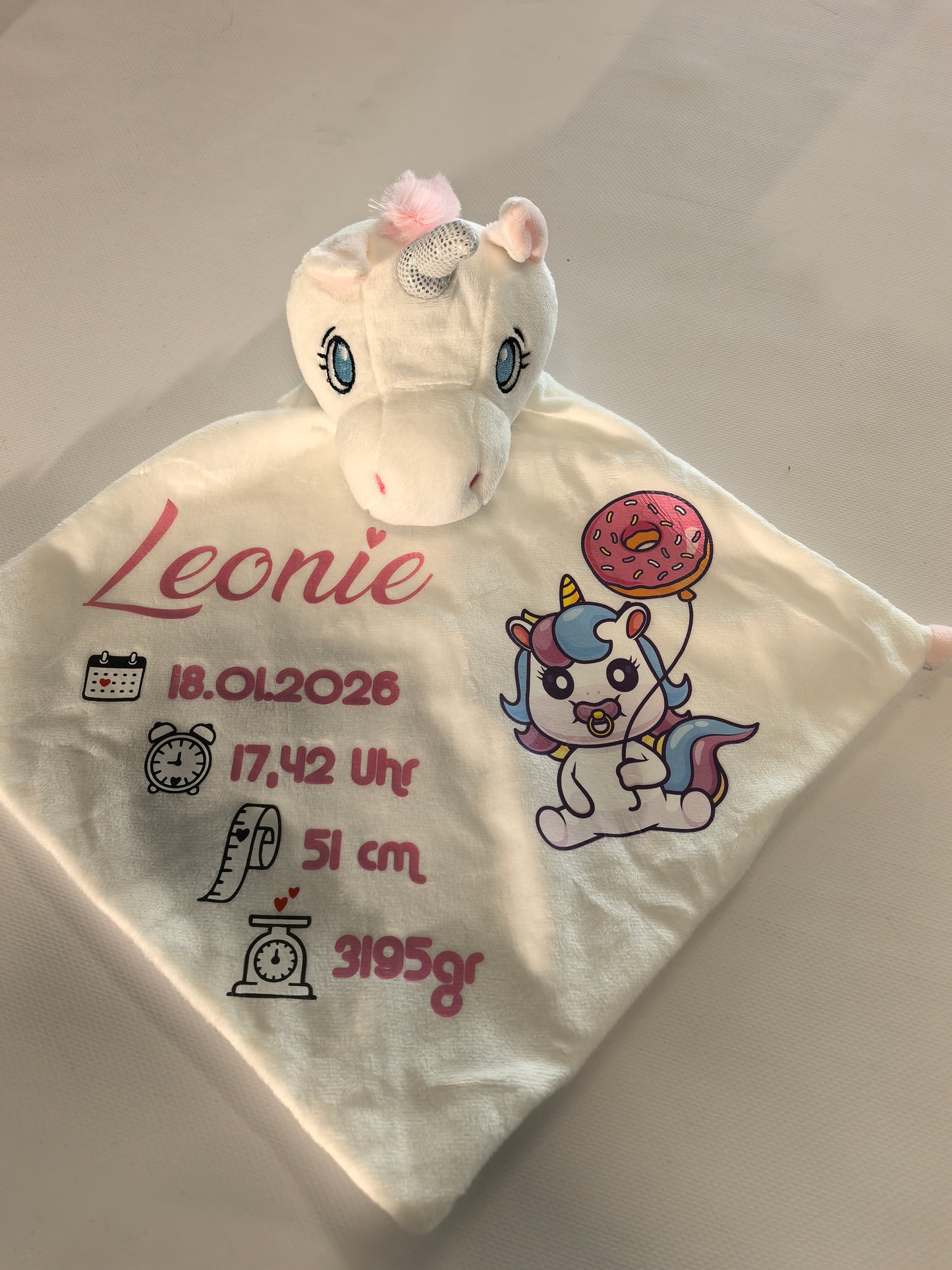 Baby Schmusetuch Einhorn mit Geburtsdaten Gesamtansicht