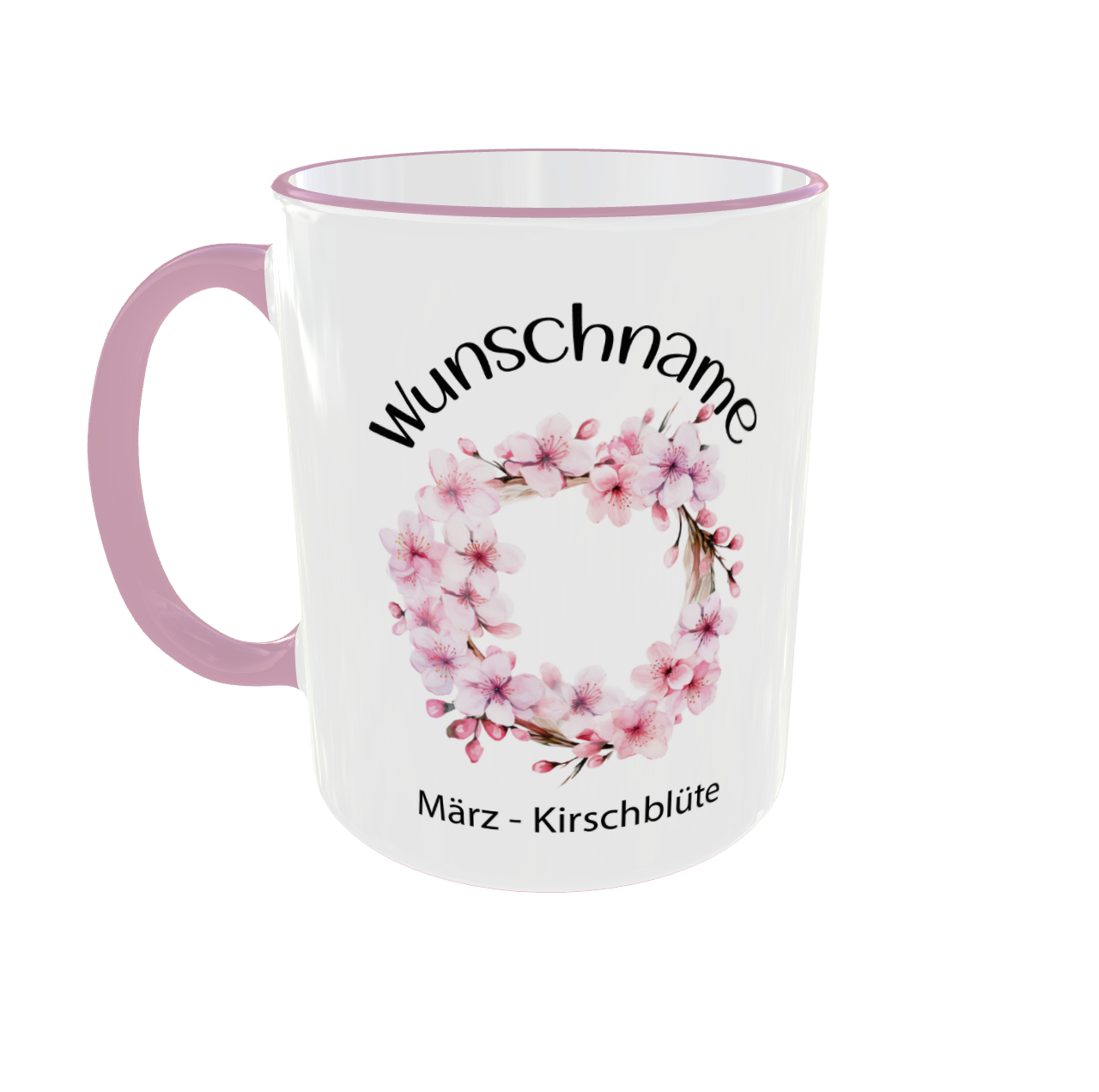 Personalisierte Geburtsblumen Tasse März mit eleganten Kirschblüte Zweigen - Vorderansicht mit rosa Henkel