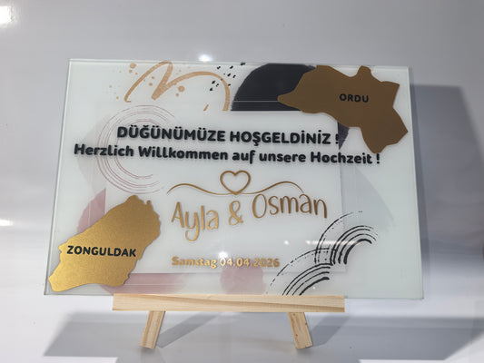 Personalisiertes Hochzeits-Empfangsschild – Zweisprachig mit goldener Stadtsilhouette