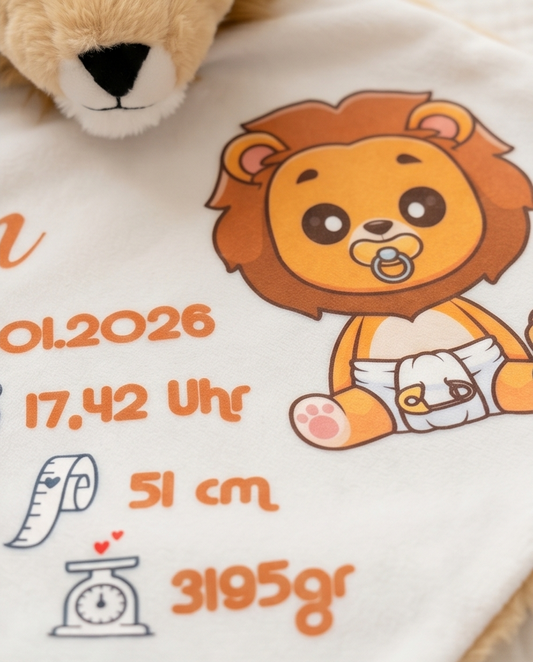 Nahaufnahme Löwen-Schmusetuch mit Name Lion und Geburtsdaten Druck