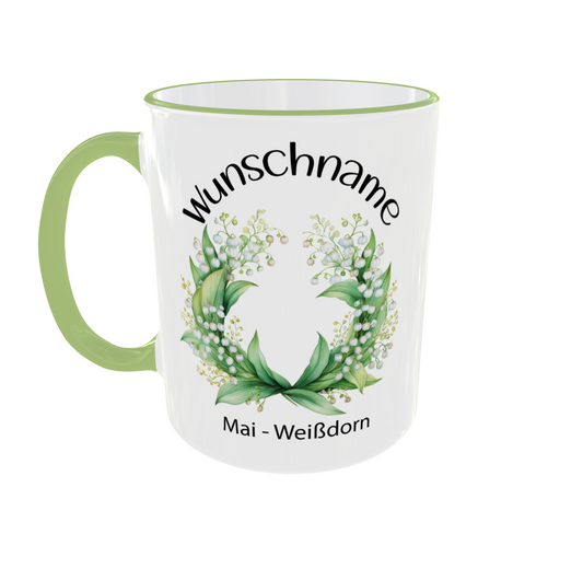Personalisierte Weißdorn Tasse für Mai-Geborene mit individuellem Namen