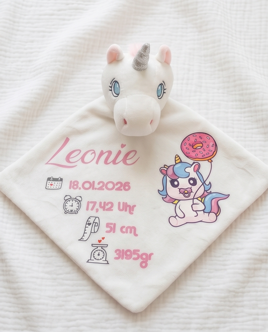 „Schmusetuch Einhorn mit Name Leonie und Geburtsdaten Nahaufnahme