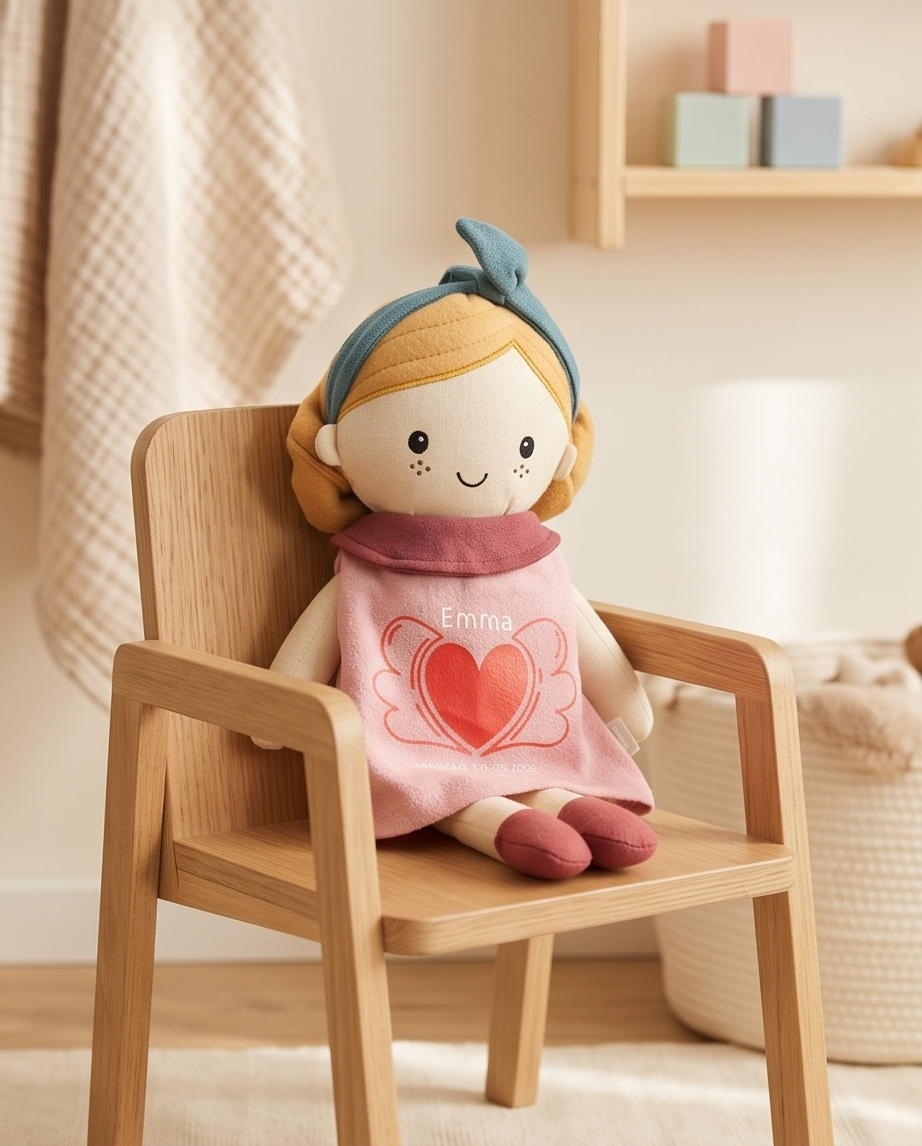 Personalisierbare Stoffpuppe mit Namen & Datum – Geschenk zur Geburt & Taufe