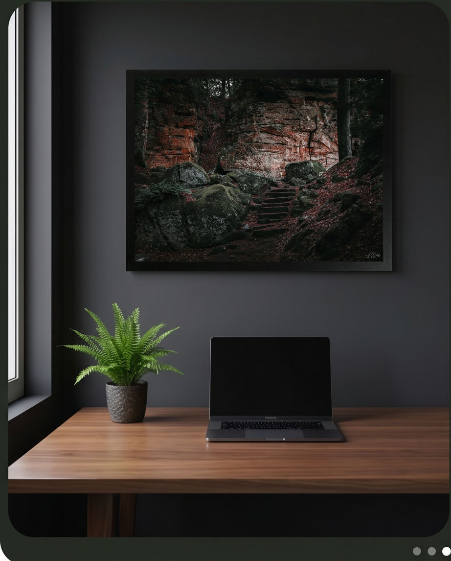 Felsentreppe – Gerahmter Kunstdruck über Holzschreibtisch mit Laptop und Farnpflanze, dunkles modernes Arbeitszimmer Lifestyle