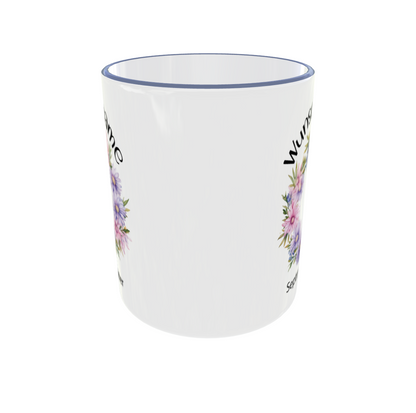 September Tasse mit Aster Blumenmotiv Seitenansicht