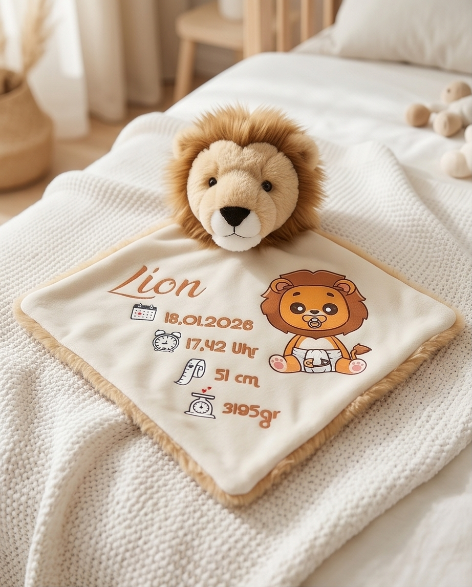 Baby Schmusetuch Löwe mit Geburtsdaten auf Bett liegend Lifestyle