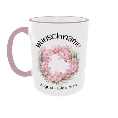 Personalisierte Tasse mit August Geburtsblume Gladiolen Kranz - Wunschname auf weißer Tasse mit pinke Rand