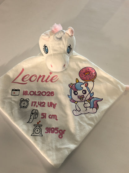 Baby Schmusetuch Einhorn mit Geburtsdaten Gesamtansicht