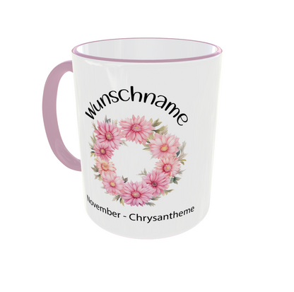 November Chrysantheme Kranz Tasse - personalisierte Geburtsmonatstasse mit rosa Blumenkranz