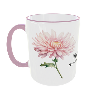 Personalisierte November Chrysantheme Tasse - einzelne rosa Blüte mit Wunschname