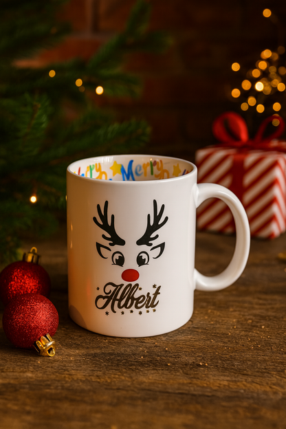 Personalisierte Weihnachtstasse mit Rentier – Geschenkidee mit Namen – Innenmotiv Merry Christmas – Winter Mug