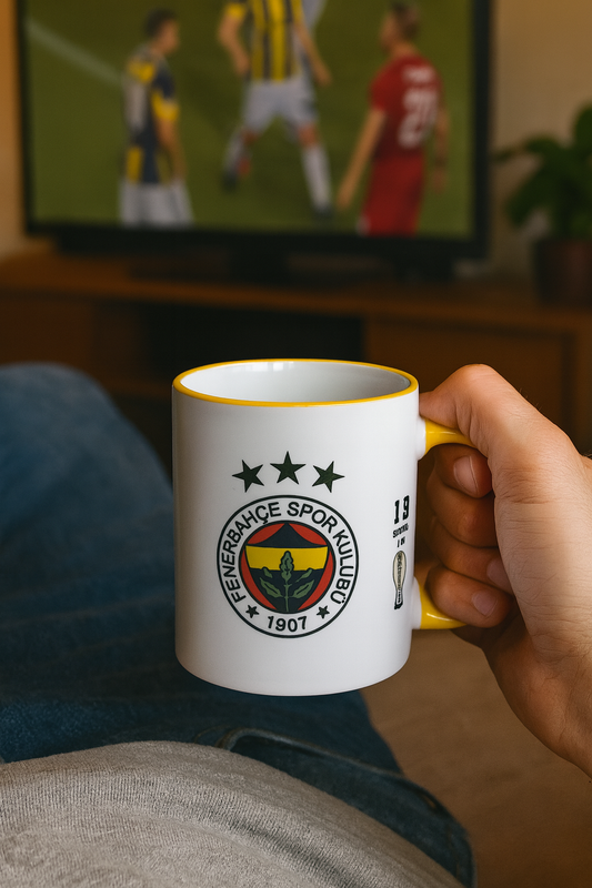 Fenerbahçe Tasse-36 Titel Design-Fanartikel mit Vereinslogo &Pokalstatistik- Gelber Henkel-Fußball Erfolge-Türkischer Fußballverein-Geschenk
