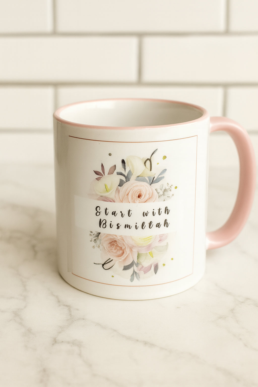 Start with Bismillah - End with Elhamdulillah | Inspirierende Tasse | Pastellblumen & Glaubensspruch