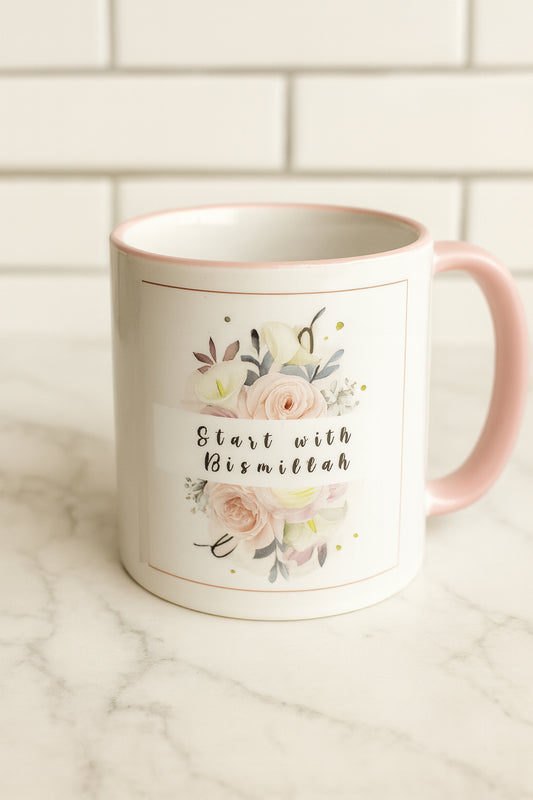 Start with Bismillah - End with Elhamdulillah | Inspirierende Tasse | Pastellblumen & Glaubensspruch