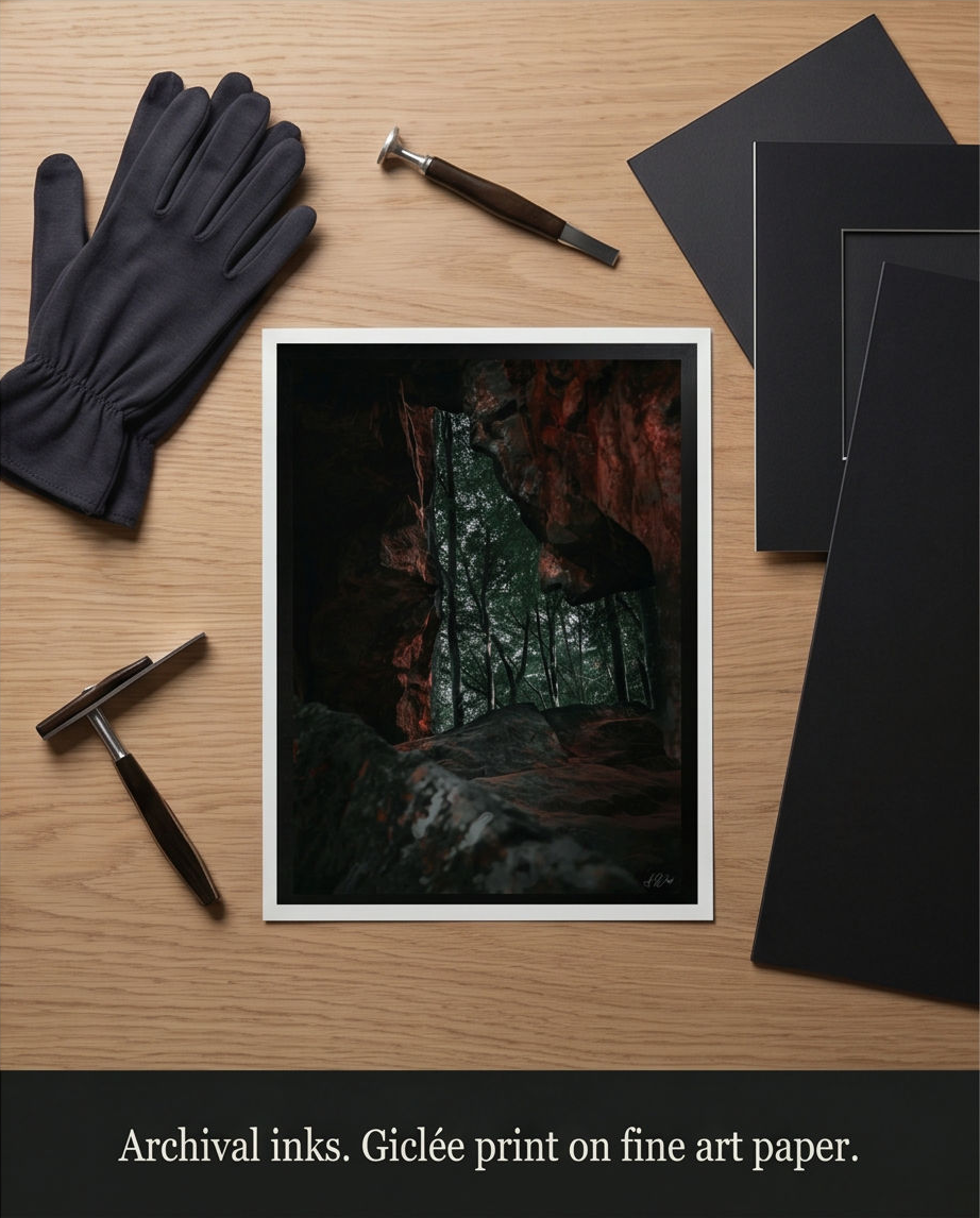 Das Steinfenster – Giclée Fine Art Print auf Holztisch mit Handschuhen, Passepartout und Rahmenmaterial, Druckqualität Archival Inks