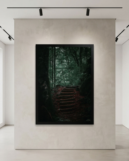 Treppe ins Licht – Gerahmter Kunstdruck in heller Galerie mit Deckenstrahler, Hochformat, dunkle Waldtreppe