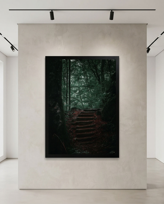 Treppe ins Licht – Gerahmter Kunstdruck in heller Galerie mit Deckenstrahler, Hochformat, dunkle Waldtreppe