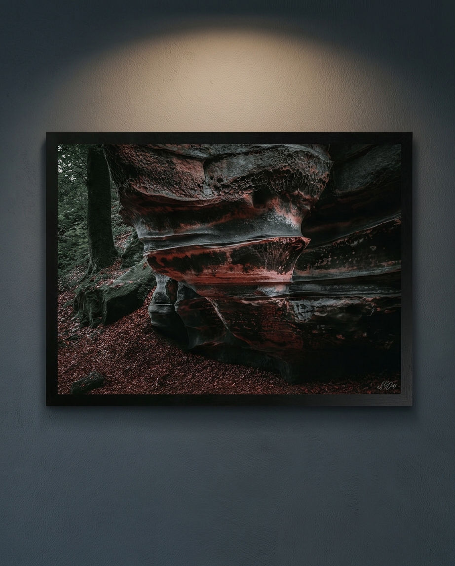 Der Lavafelsen – Gerahmter Kunstdruck an dunkelgrauer Wand mit Deckenstrahler, Querformat, roter Sandstein mit Wabenstruktur