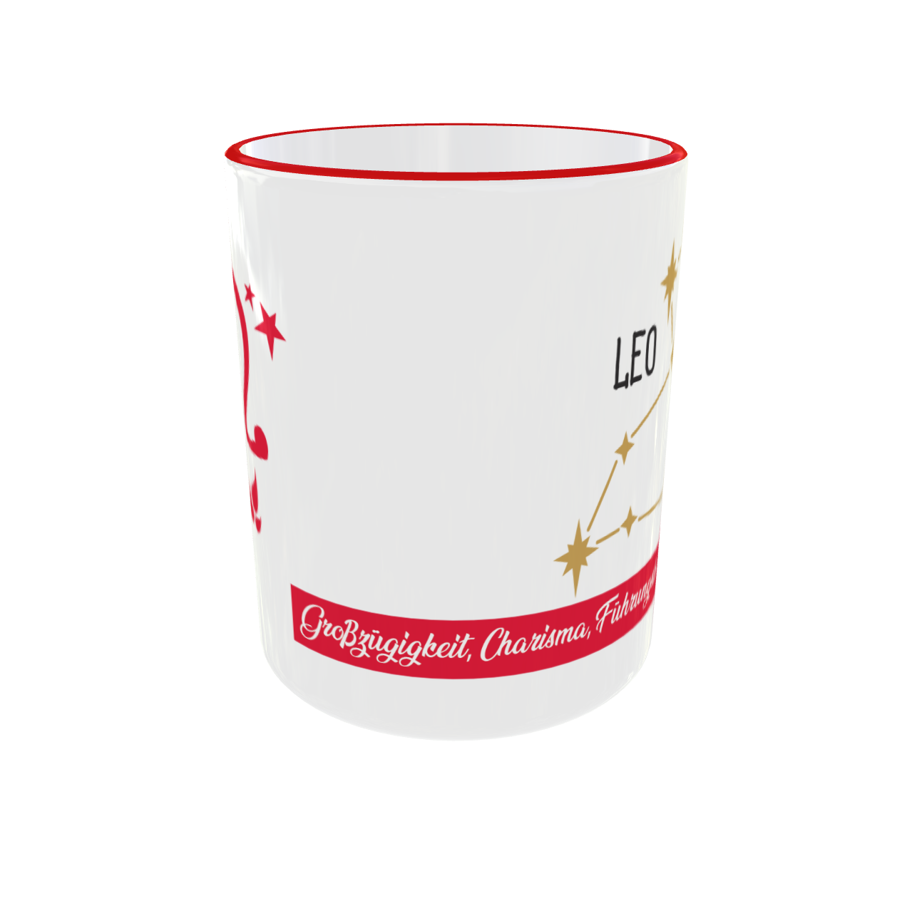 Nahaufnahme der Tasse mit Fokus auf das rote Textband und die goldenen Sterne des Sternbilds Löwe.