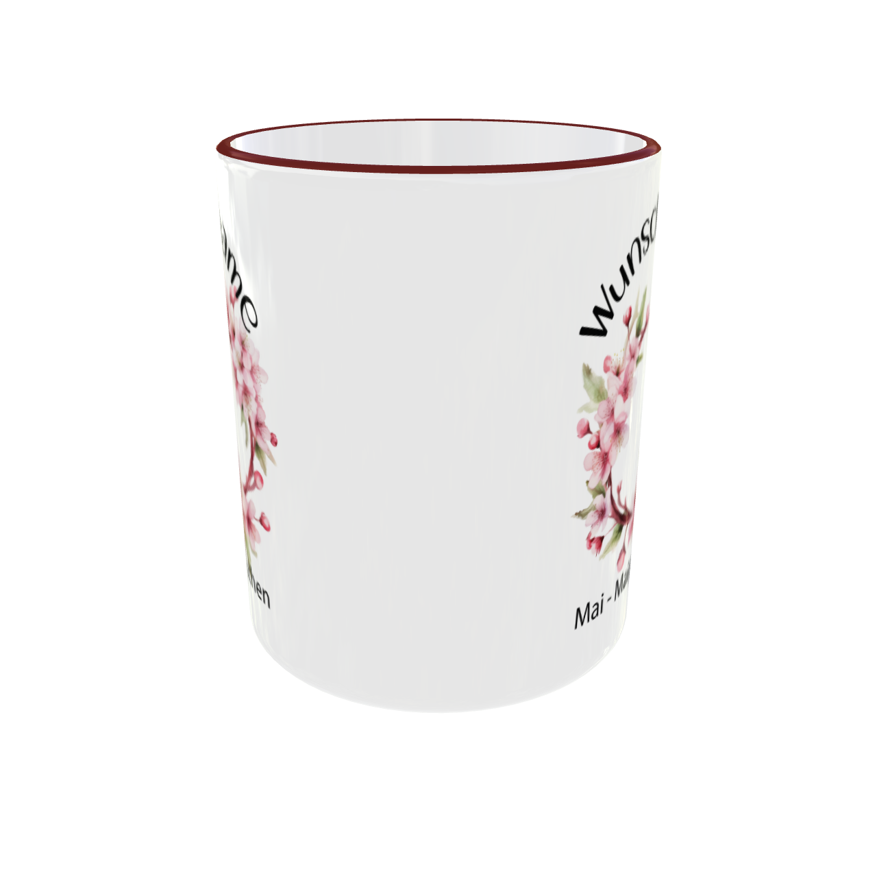 Mai Geburtsblume Maiglöckchen Tasse - Detailansicht mit Bordeaux Rand