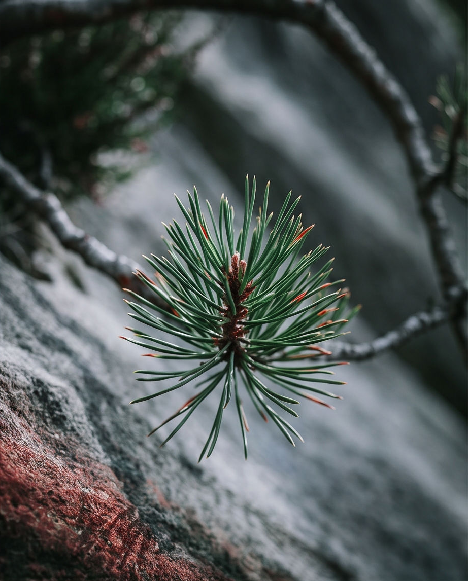 Detailaufnahme Kiefernnadeln mit roten Knospen auf Sandstein – Nahaufnahme Nadelbaum auf Felsen, Kunstdruck von Alex Writsch