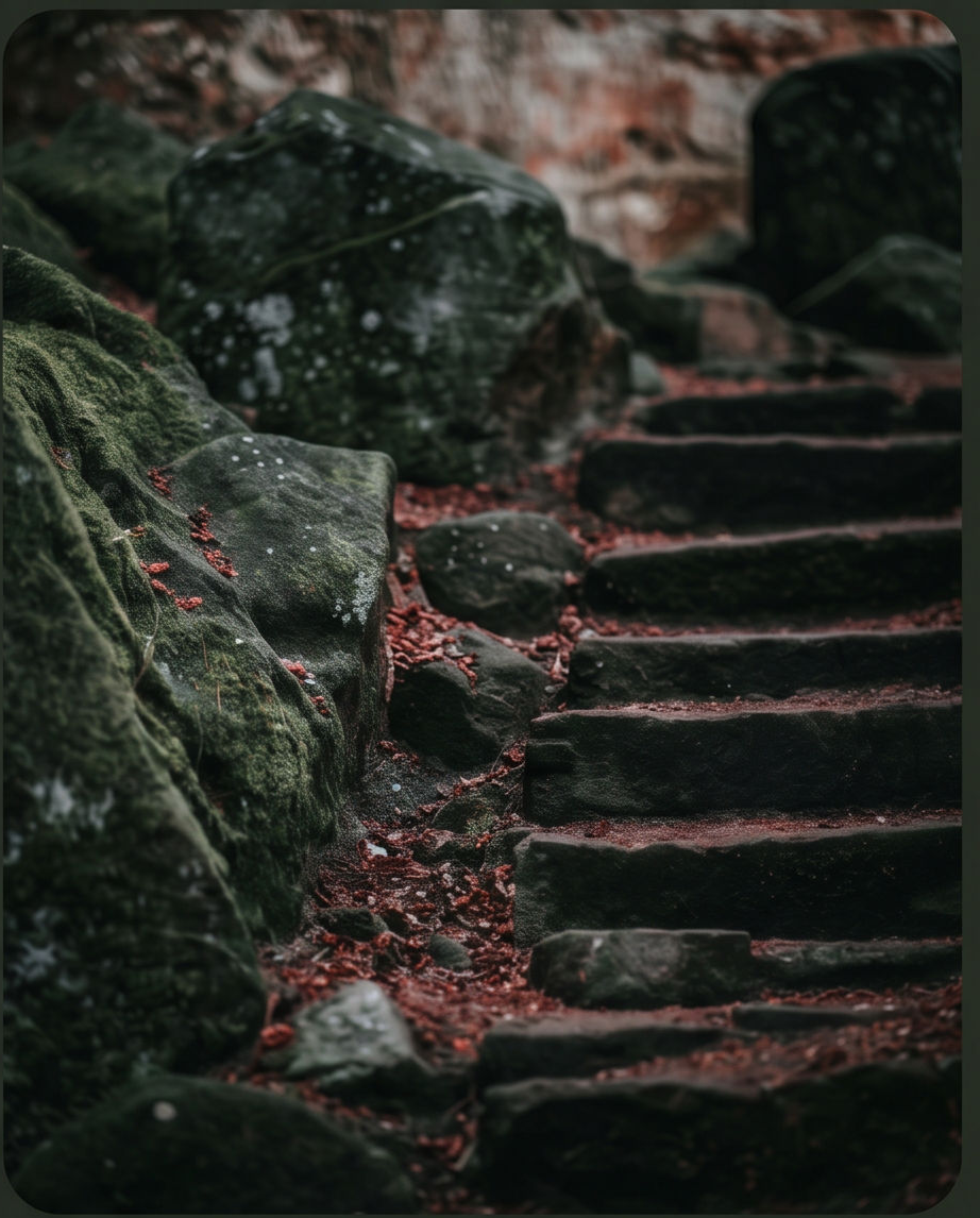 Detailaufnahme Steintreppe mit Moos und roten Herbstblättern – Nahaufnahme Felsentreppe Kunstdruck von Alex Writsch