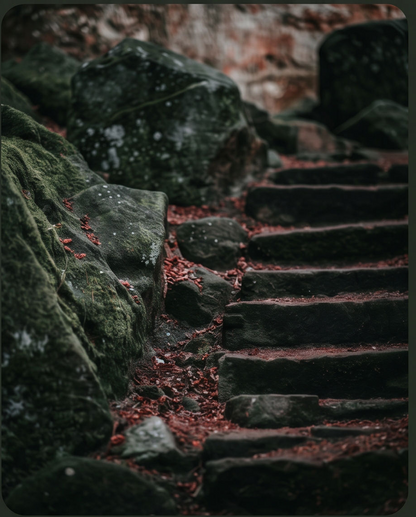 Detailaufnahme Steintreppe mit Moos und roten Herbstblättern – Nahaufnahme Felsentreppe Kunstdruck von Alex Writsch