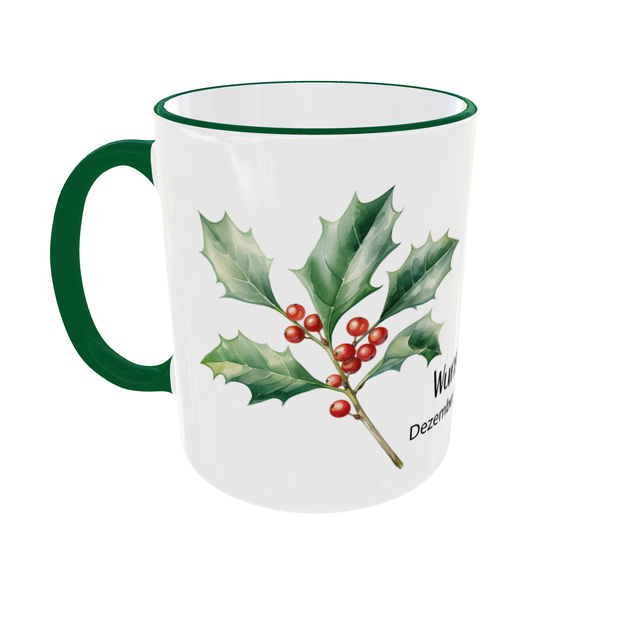 Personalisierte Dezember Stechpalme Tasse - grüner Henkel mit Wunschname und Beeren