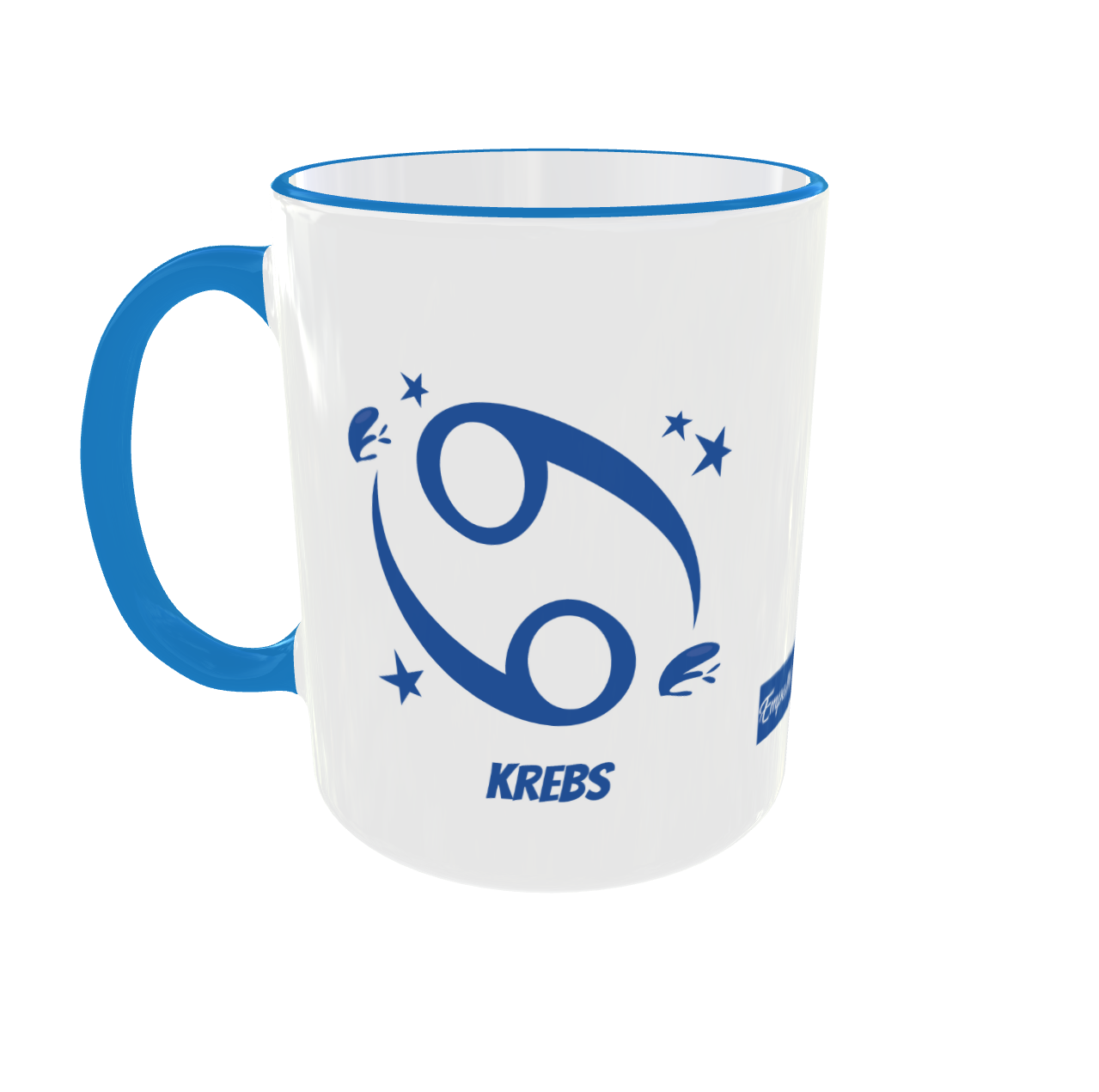 Weiße Keramiktasse mit blauem Rand und Henkel, zeigt das astrologische Symbol für das Sternzeichen Krebs und den Schriftzug „KREBS“.
