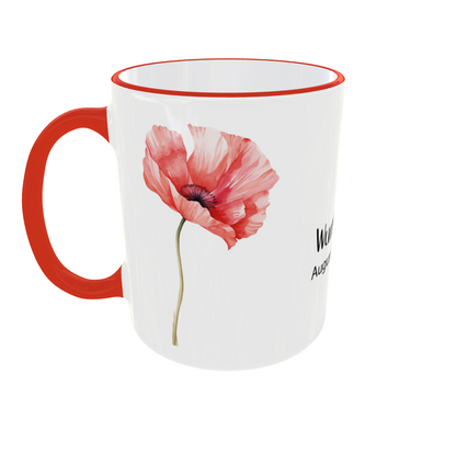 Einzelne rosa Mohnblume auf personalisierter August Geburtsblumen Tasse mit rotem Rand