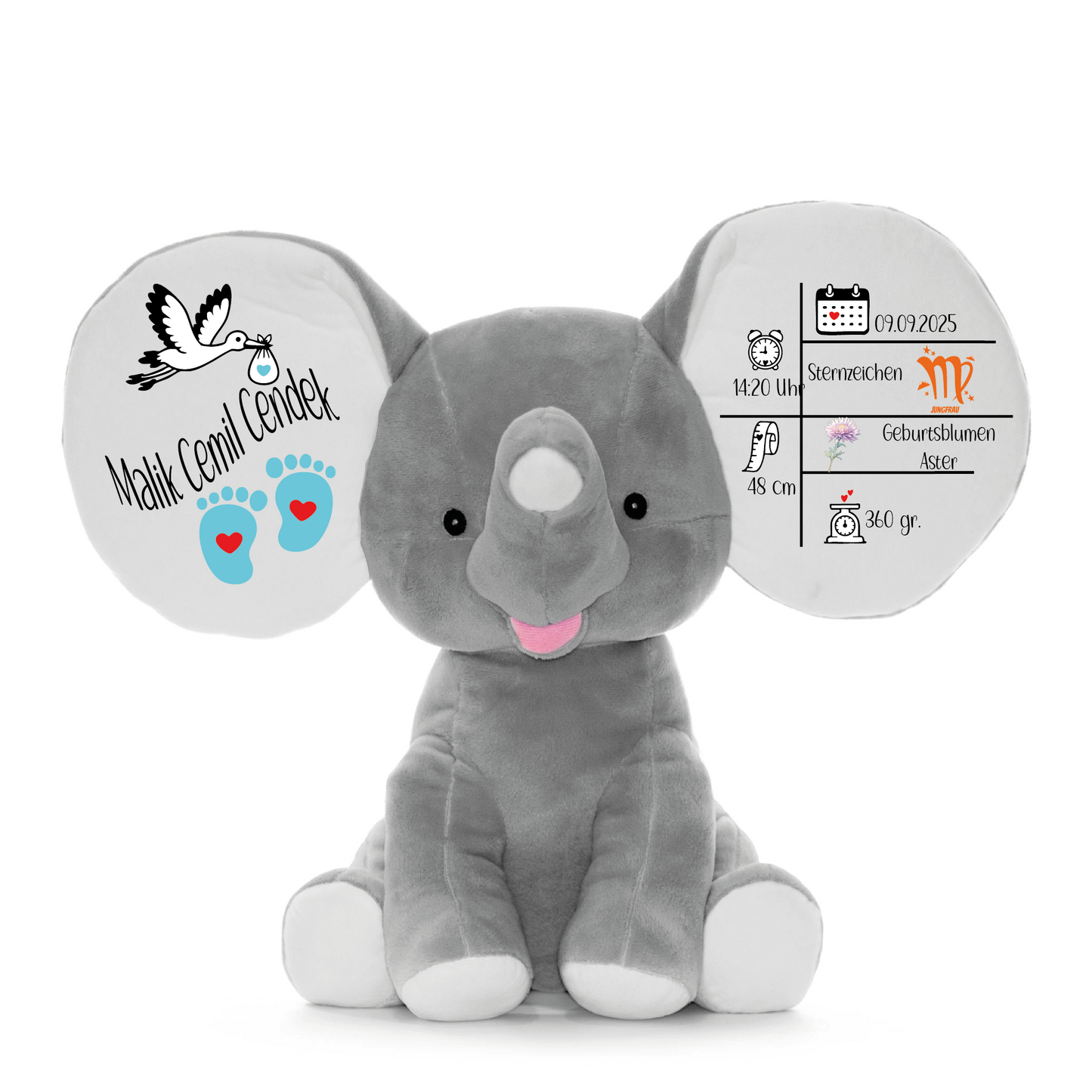 Personalisierter Elefant Grau Kuscheltier im hellen Kinderzimmer vor einem Babybett – einzigartiges Erinnerungsstück mit Name und Geburtsdaten, ideales Geburtsgeschenk