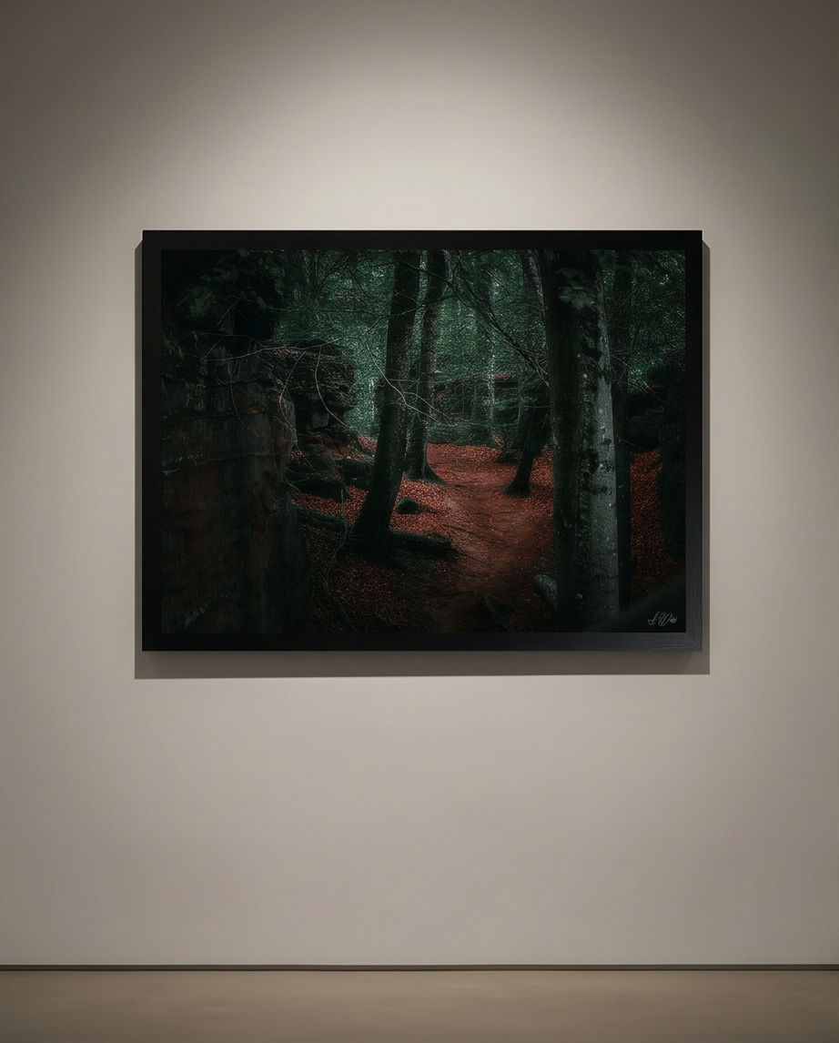 Felsengasse – Gerahmter Kunstdruck an heller Galeriewand, Querformat, atmosphärische Waldszene