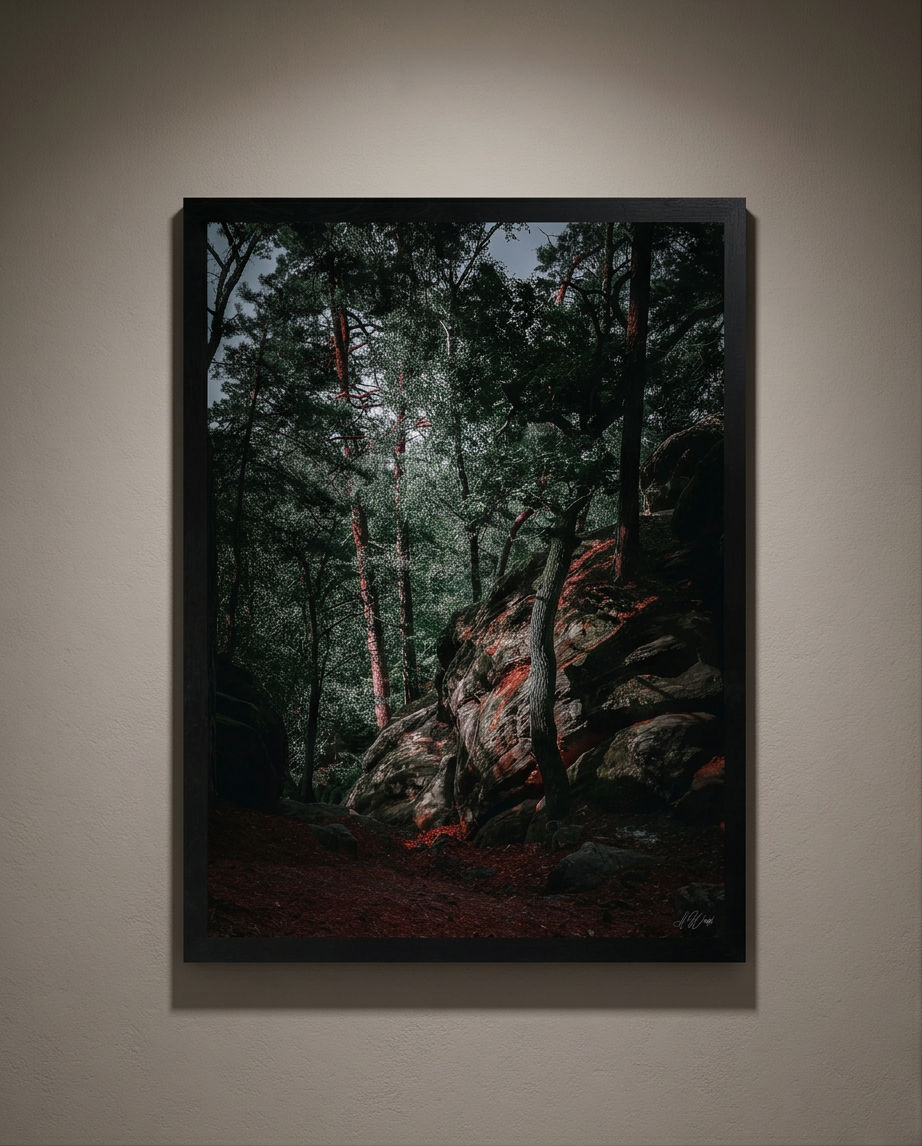 Felseninsel – Gerahmter Kunstdruck an dunkelgrauer Wand mit Spotlight, Hochformat, Sandsteinfelsen im Wald mit Abendhimmel