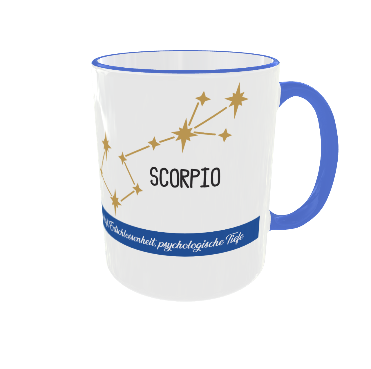 Rückansicht der Tasse mit goldfarbener Skorpion-Konstellation und dem Schriftzug „Scorpio“.
