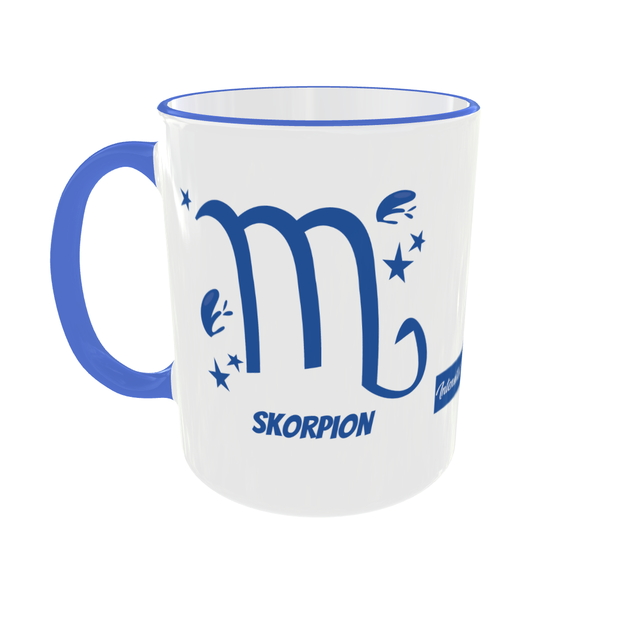 Weiße Keramiktasse mit blauem Henkel und Rand, zeigt das blaue Skorpion-Symbol und den Schriftzug „Skorpion“.