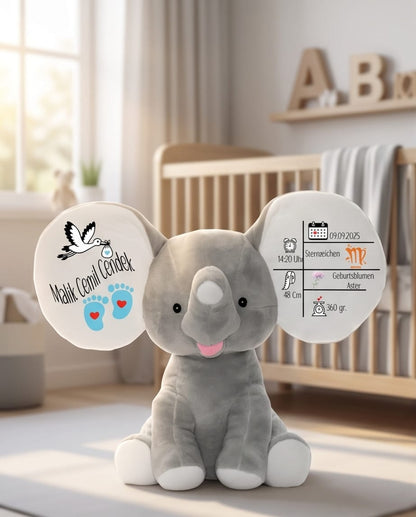 Personalisierter Elefant Grau Kuscheltier Freisteller – Ohren bedruckt mit Name, Geburtsdatum, Uhrzeit, Sternzeichen und Geburtsblume, hochwertiges Plüschtier