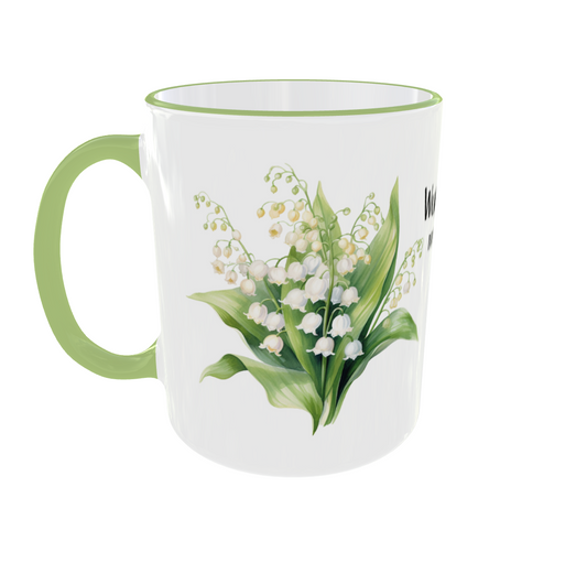 Personalisierte Tasse mit Mai Geburtsblume Weißdorn, individuell mit Namen bedruckt