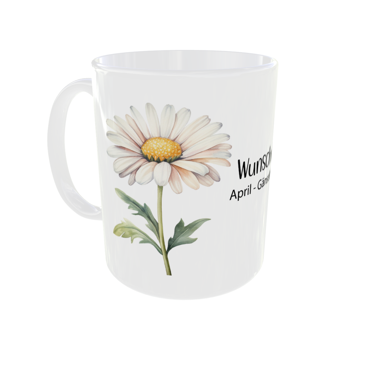 Personalisierte Geburtsblumen Tasse April mit Gänseblümchen Kranz Design - Vorderansicht mit weißem Hintergrund