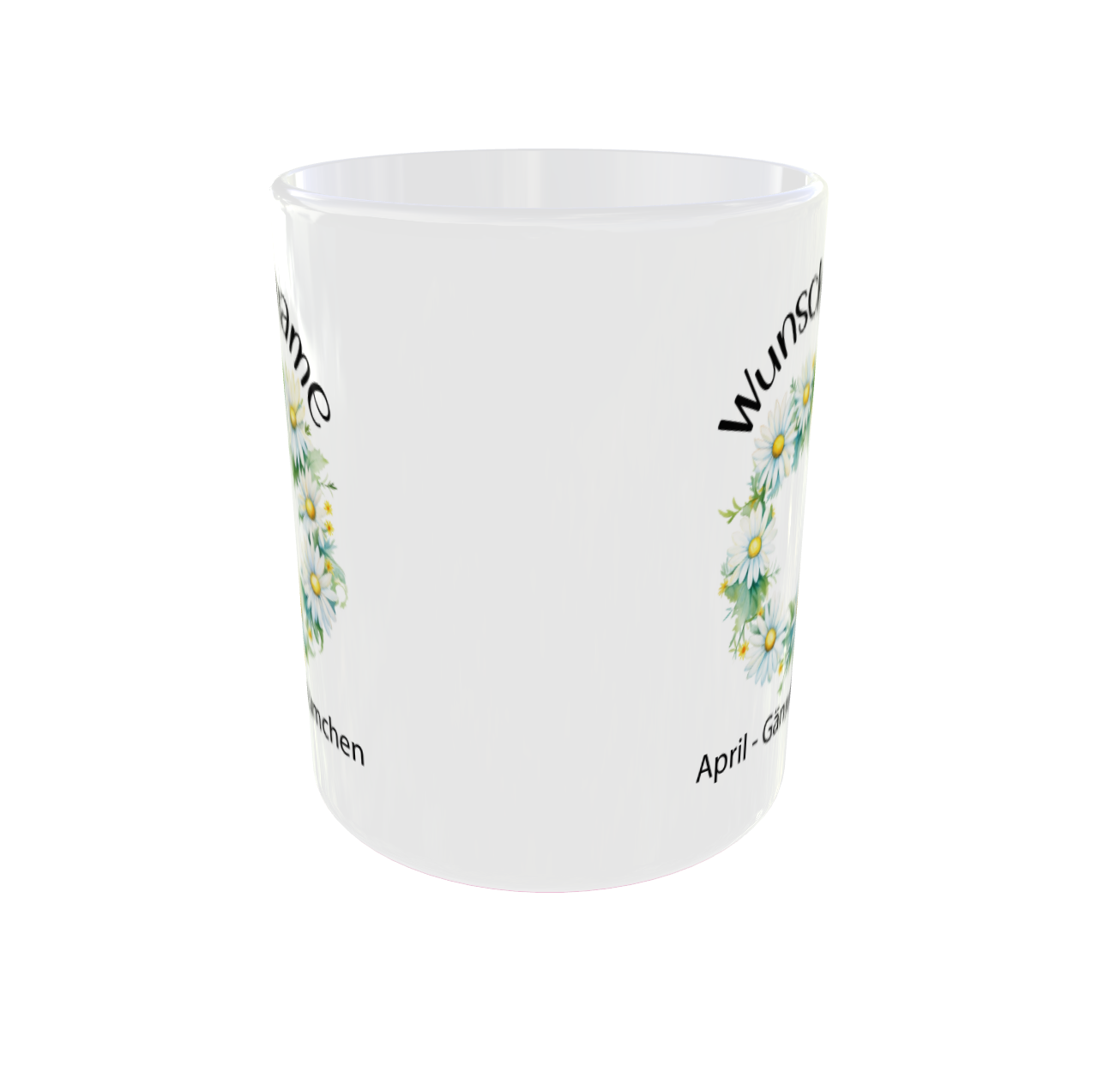 Personalisierte Geburtsblumen Tasse April mit Gänseblümchen Zweigen - Seitenansicht