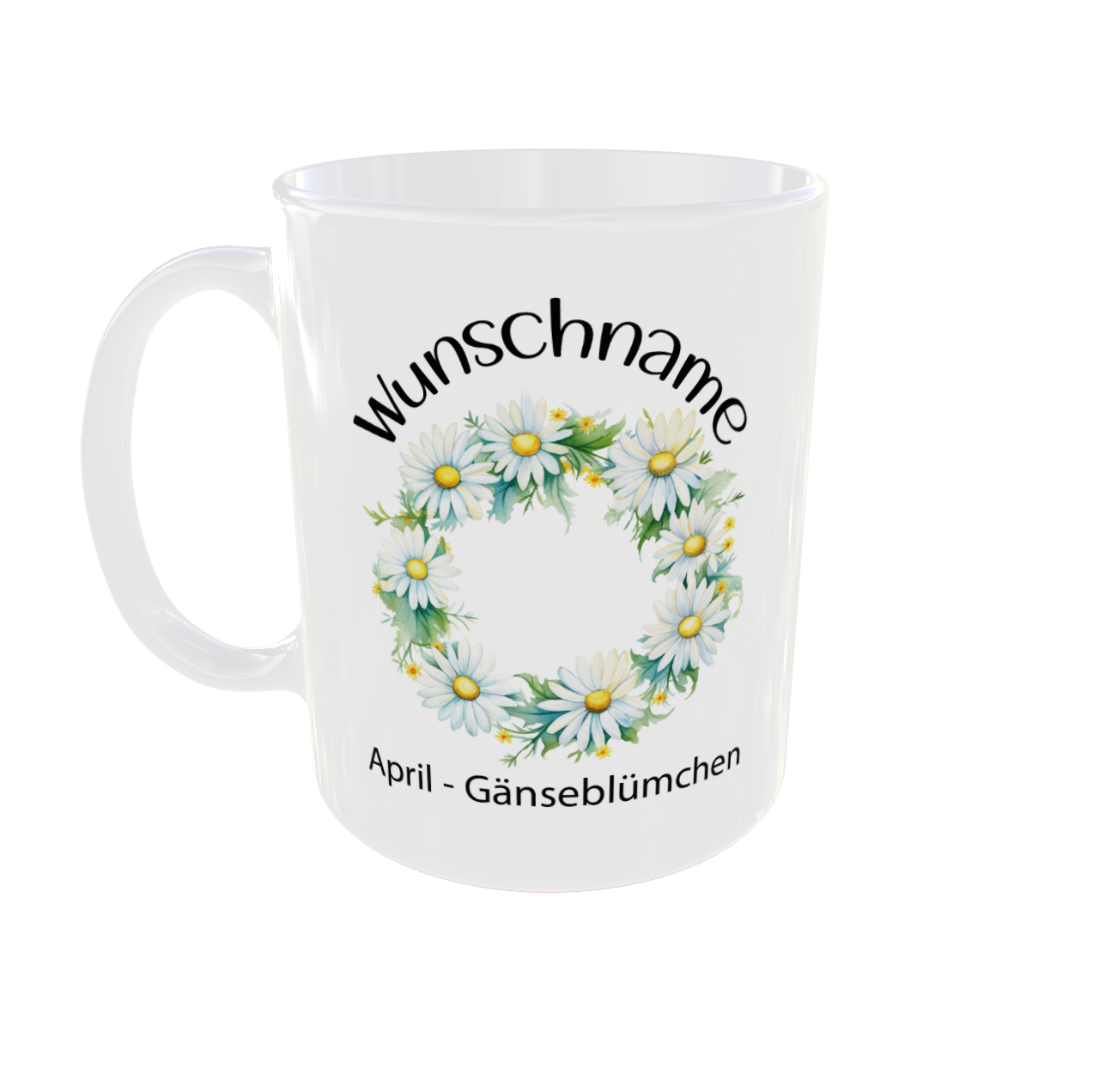 Personalisierte Geburtsblumen Tasse April mit Gänseblümchen Zweigen Design  - Vorderansicht