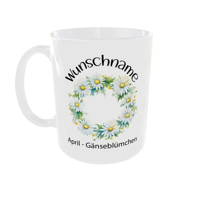 Personalisierte Geburtsblumen Tasse April mit Gänseblümchen Zweigen Design  - Vorderansicht