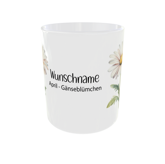 Personalisierte Geburtsblumen Tasse April mit Gänseblümchen Kranz und Wunschname - Seitenansicht