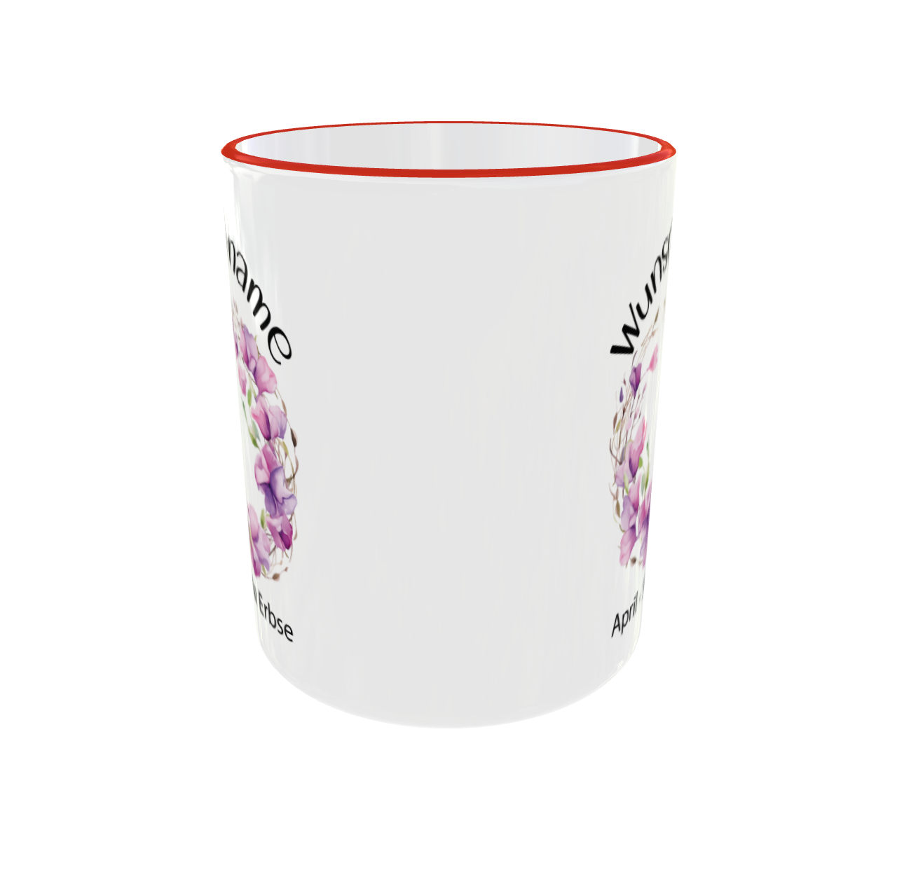 Personalisierte Geburtsblumen Tasse April mit Süße Erbse Kranz und Wunschname - Seitenansicht mit rotem Henkel