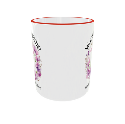 Personalisierte Geburtsblumen Tasse April mit Süße Erbse Kranz und Wunschname - Seitenansicht mit rotem Henkel