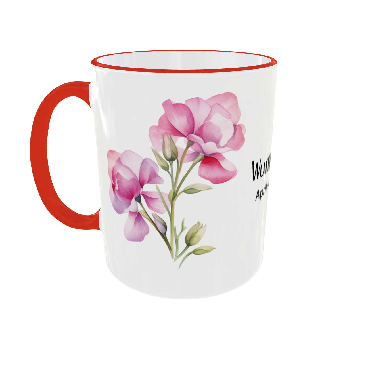 Personalisierte Geburtsblumen Tasse April mit Süße Erbse Kranz Design und rotem Rand - Vorderansicht