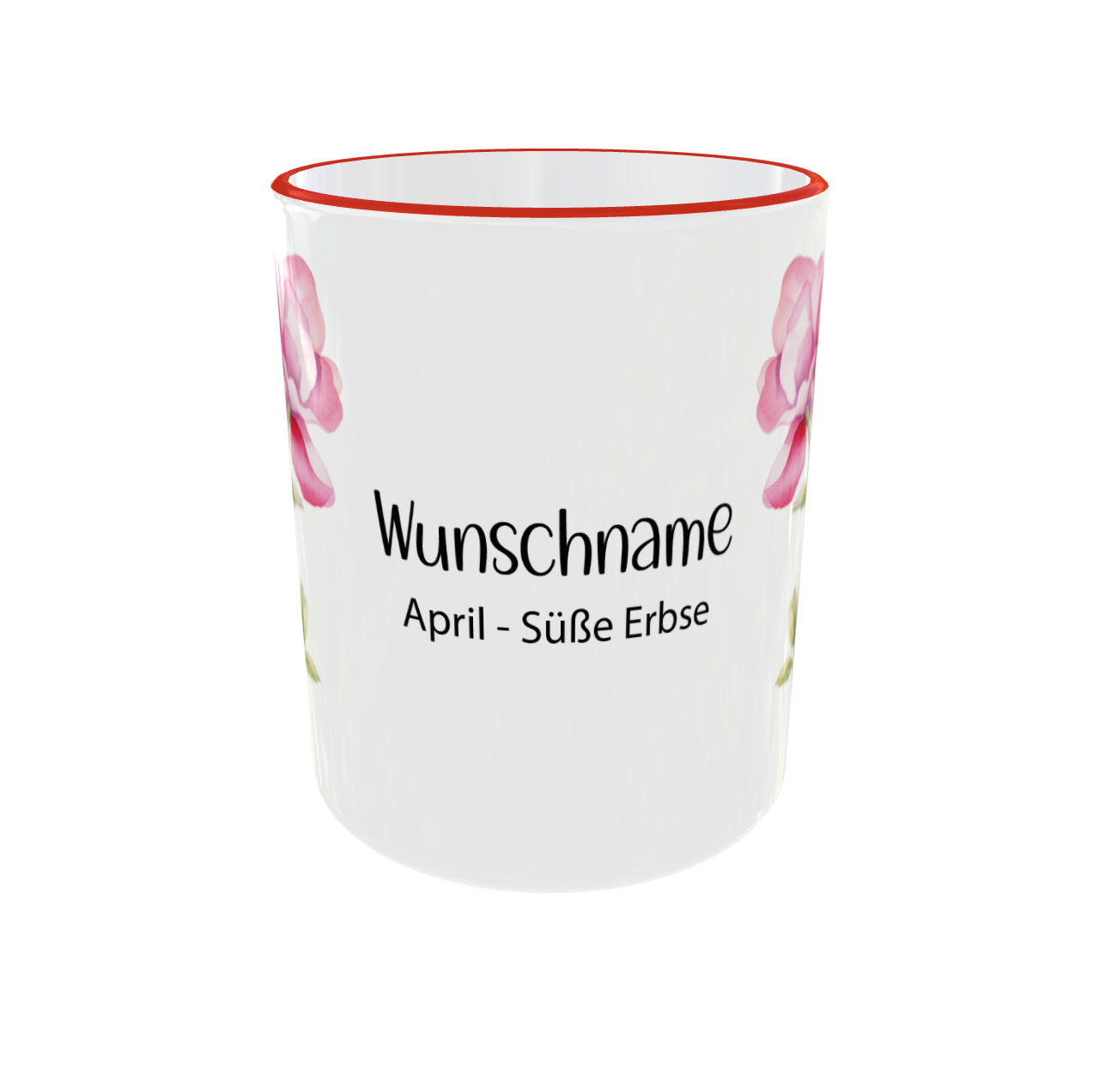: Personalisierte Geburtsblumen Tasse April mit Süße Erbse Kranz und Wunschname - Seitenansicht mit rotem Henkel