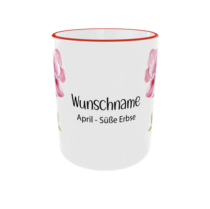 : Personalisierte Geburtsblumen Tasse April mit Süße Erbse Kranz und Wunschname - Seitenansicht mit rotem Henkel