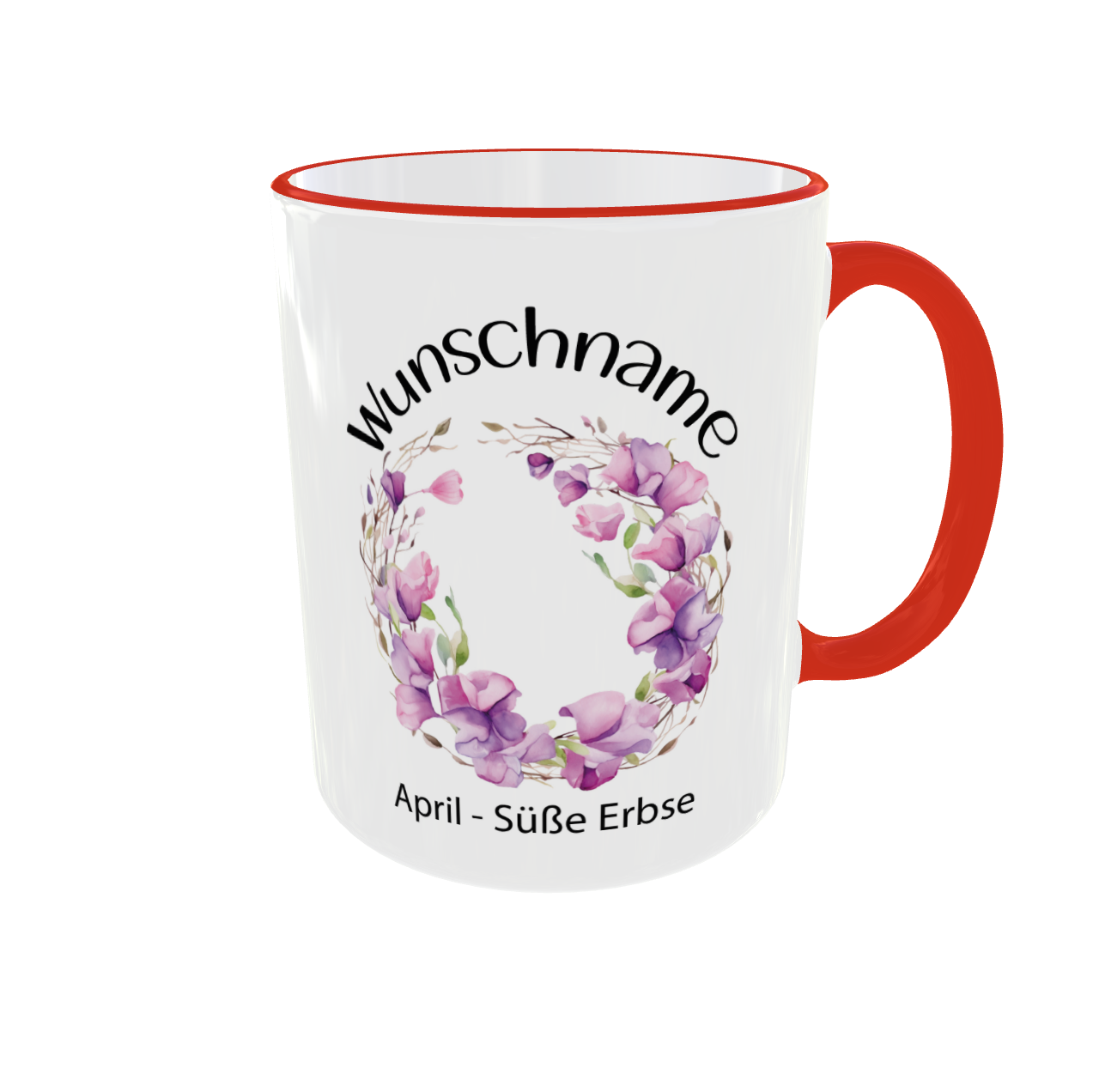 Personalisierte Geburtsblumen Tasse April mit Süße Erbse Zweigen - Detailansicht