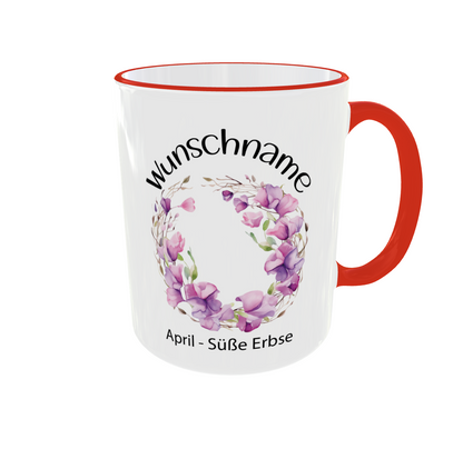Personalisierte Geburtsblumen Tasse April mit Süße Erbse Zweigen - Detailansicht