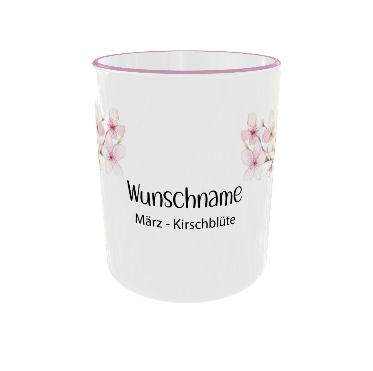 Personalisierte Geburtsblumen Tasse März mit Kirschblüte Kranz und Wunschname - Seitenansicht
